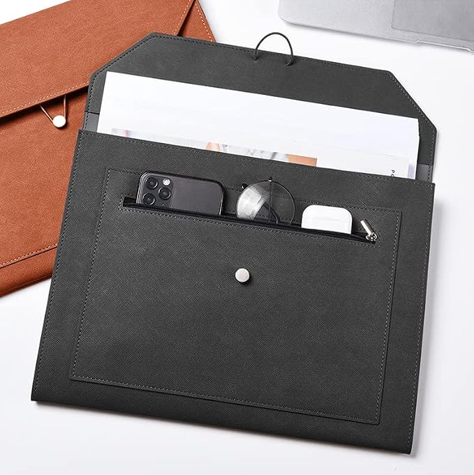 PU Leather A4 File Folder Document Holder 2 Pockets Portfolio Envelope Folder Case with Elastic String 3/4 Inch Expansion (Black)