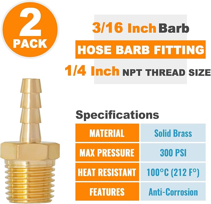 SUNGATOR Hose Barb Fittings 3/16 Inch Barb × 1/4 Inch NPT, Brass Air Hose Fittings, 3/16" to 1/4" NPT Male Air Line Repair Connector Kit, Brass Male Thread Pipe Adapter (2 Pack)