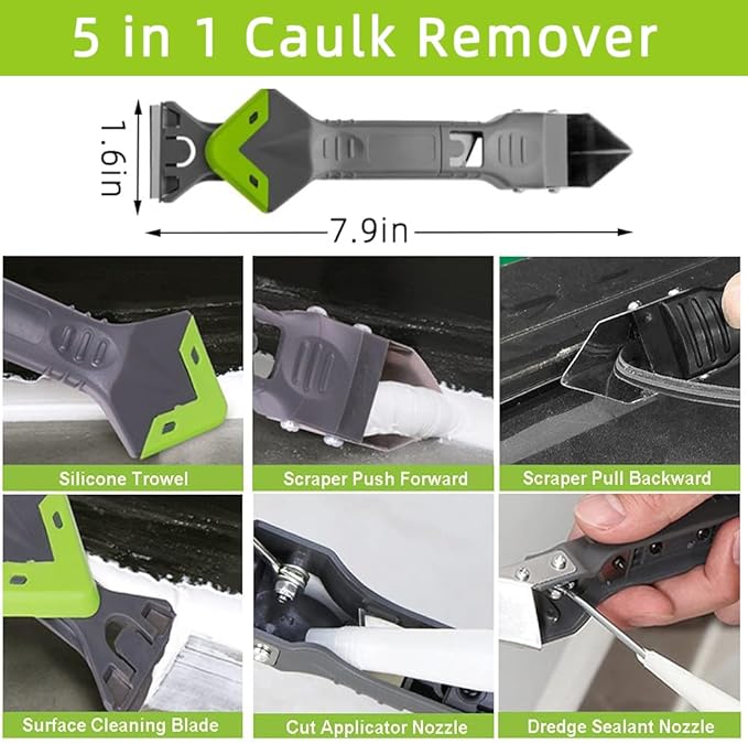 Caulking Tool Kit, Caulking Gun, 2 Clear Silicone Sealant with Gun - All-Purpose 100% Silicone Caulk (20 oz Tube), and 5 in 1 Scraper/Smoothing Tool, Sandpaper, Gloves and Masking Tape