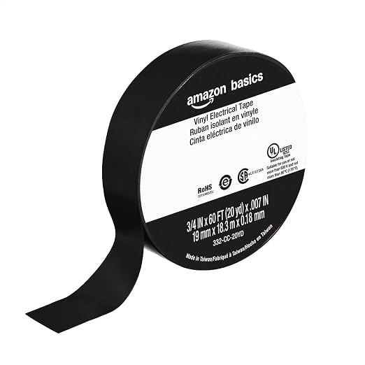 Amazon Basics Vinyl Electrical Adhesive Tape, Flame Retardant, Wire Insulation, Repairs, 3/4 in x 60 ft x 0.007in, Black, 6-Pack (