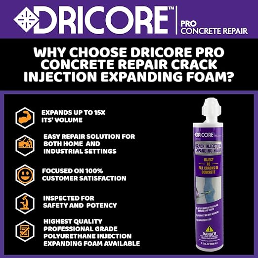 DRICORE PRO Concrete Repair Crack Injection Expanding Foam (Step Two) | Polyurethane for Sealing Indoor & Outdoor Cracking in Home, Wall, Basement | Moisture Tolerant, Flows into Small Pits
