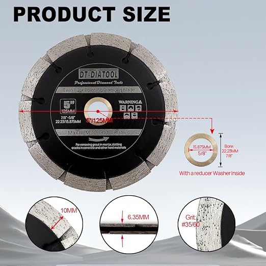 DT-DIATOOL Sandwich Tuck Point Blade - 5 Inch Mortar Raking Crack Chaser Dual Diamond Blade 7/8"-5/8" Arbor for Mortar Removal, Grout Concrete Asphalt Surfaces Repair, Masonry Brick Stone Cutting 2pcs