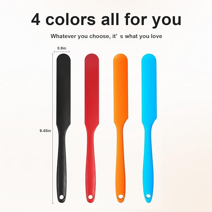 4 Pcs Silicone Jar Spatula Set, Long Handle Heat Resistant Skinny Spatulas for Jars & Bottles, Non-Stick Flexible Scrapers for Baking, Mixing, Jam, Cake Cream & Butter Spreading(4 colors）
