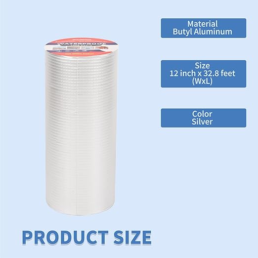 12" W X 32.8'L Waterproof Tape for Leaks Aluminum Butyl Tape with Adhesive for RV Repair, Glass Repairs, Air Mattress Patch, Window Caulking, Boat Sealing, Roof Patching