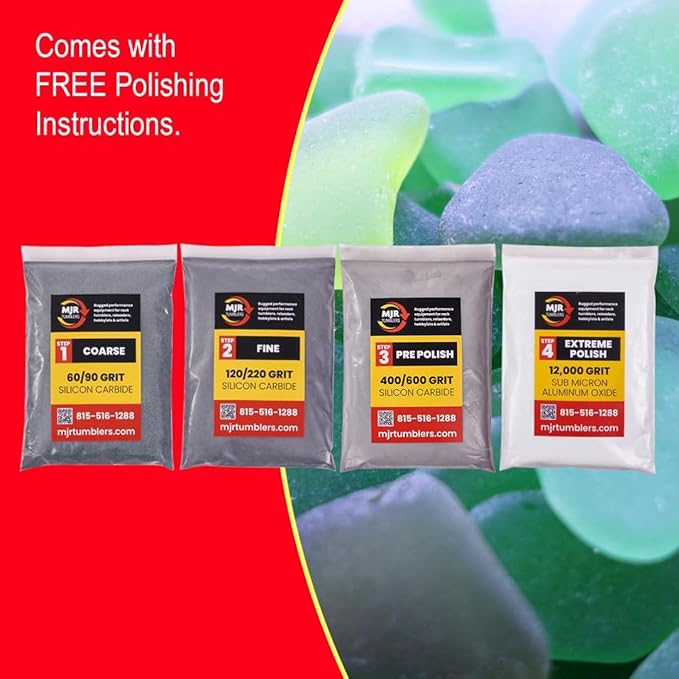 Rock Tumbler Grit Kit Refill for 15lb Tumblers, 4 Step Silicon Carbide & 12,000 Grit Aluminum Oxide Polish, Stone Polishing Kit for Rotary & Vibratory Rock Tumblers