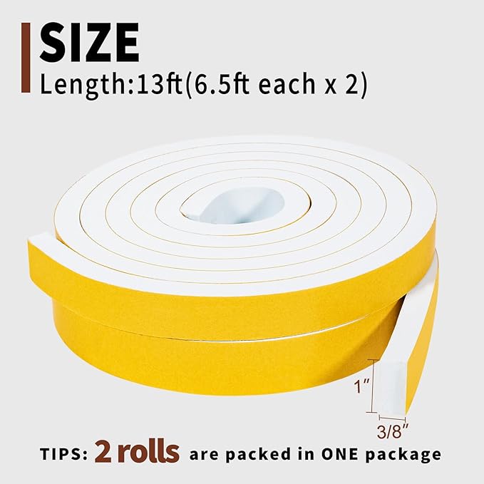 Yotache White Foam Strips Tape with Adhesive 2 Rolls 1" x3/8", High Density Foam Tape Furniture Protective, Weatherstrips, Anticollision, Total 13 Feet Long (2 X 6.5 Ft Each)