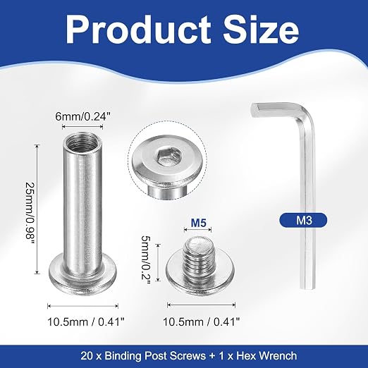 PATIKIL M5x5mm Hex Chicago Screws 6x25mm, 20Pcs 304 Stainless Steel Metric Hex Drive Socket Cap Binding Post Screw Posts for Scrapbook Leather Belt Album Furniture Repair, Silver