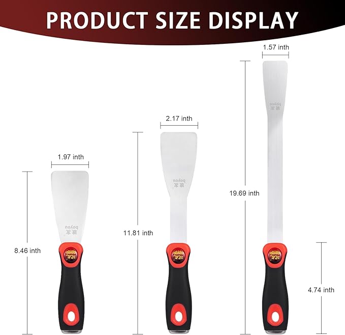 JL&LOVE 3-Piece Windshield Removal Scraper Set, Stainless Steel Putty Knives with Ergonomic Handle, Multi-Size Scraper Tools for Auto Glass Adhesive, Decal, Caulk, Paint, Sticker Removal