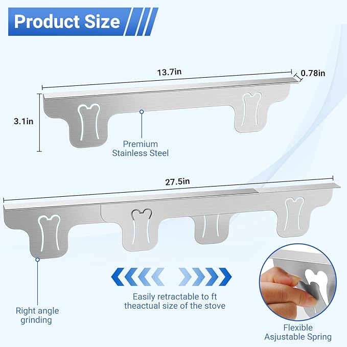 Amundo Stove Gap Covers - Stainless Steel, Stove Counter Gap Covers, Oven Gap Cover Length Retractable 13.8" to 27.5" for a Variety of Furnaces, Heat Resistant & Effectively Sealing Spills in Kitchen