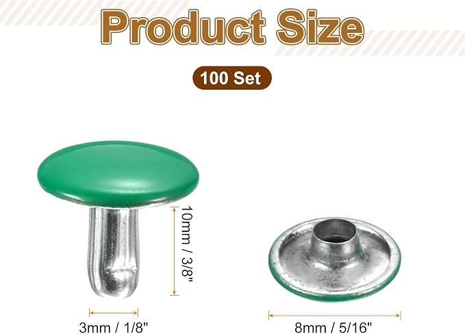 HARFINGTON 100 Sets Double Cap Leather Rivets, 10x10mm Round Cap Tubular Metal Studs Leather Crafting Rivets for Fabric Belt Pet Collar Boot Bag Repair and Decoration, Green