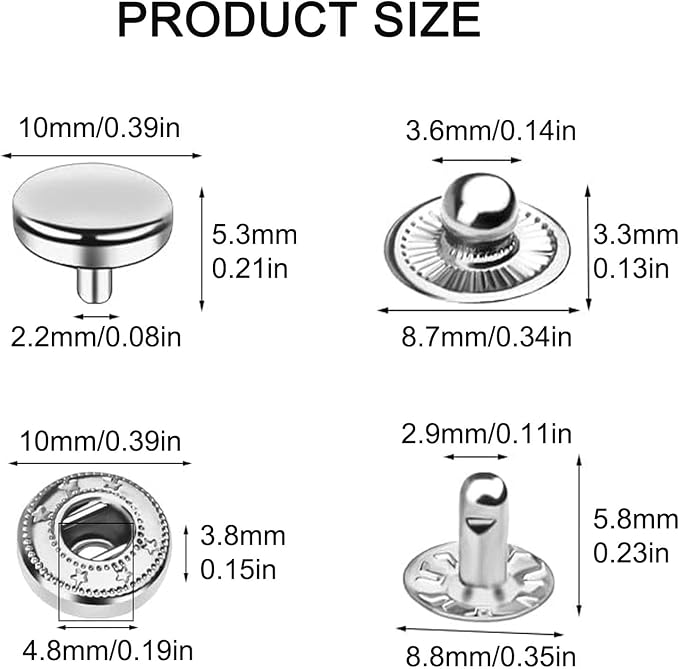 BetterJonny 24 Sets Heavy Duty Leather Snap Fasteners Kit, 10mm Metal Snap Buttons Press Studs Leather Rivets Snaps with 4 Setter Tools for Clothes Bracelet Jackets Jeans Silver