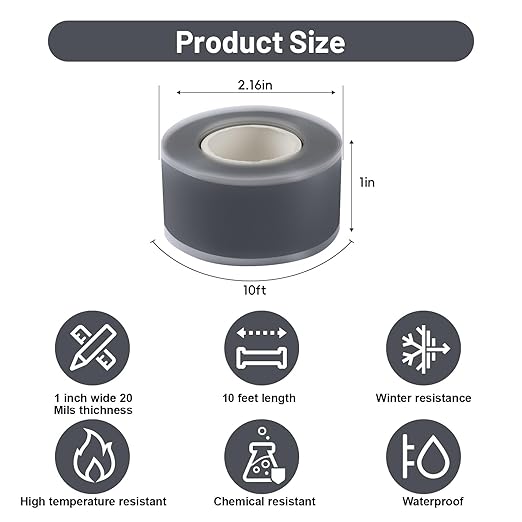 2-Pack Gray Silicone Repair Tape (20 Ft Total) - Self Amalgamating Tape for Duct Work & Hose Leaks - Heat Resistant Rubber Sealing Strip - Residue-Free & Easy-Peel Liner