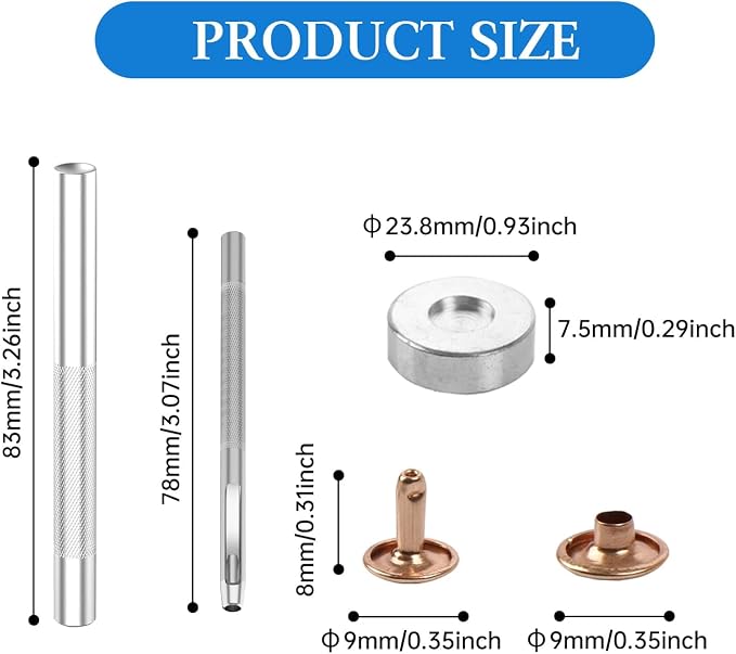 100 Sets Leather Rivets 9x8mm Double Cap Rivets Snaps Metal Studs Fasteners with 3pcs Setting Tools for Leather Craft DIY Repair Decoration, Light Gold Tone