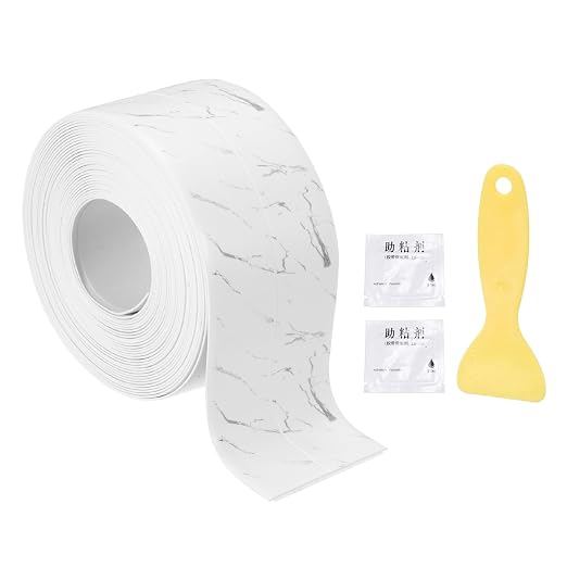 uxcell Caulk Tape Waterproof, 1.42 Inch x 16.4 ft Self-Adhesive Sealant Sealing Strip Caulking Sealant Tape PVC with Tool for Kitchen Sink Toilet Bathroom Bathtub Floor, Gray White