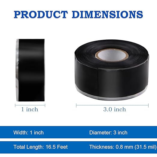 Self Fusing Silicone Tape 1''x16.5FT Extra Strong Waterproof Self-Amalgamating Tape for Plumbing, Hose, Pipeline Repair Electrical Cable Winding Leak Seal for Hot Cold Pipes (0.8mm Thickness)
