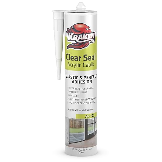 Kraken Bond Clear Seal Latex Caulk – (1x10.5 fl.oz.) Extrudes White - Dries Clear, Low VOC, Paintable, Kitchen & Bath, Interior/Exterior Window Caulking Sealant, for Wood, Brick, Concrete - 1 Pack