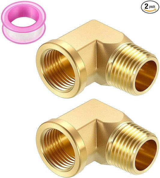 Pack of 2, 90° 1/2" FNPT to 1/2" MNPT Solid Brass Barstock Street Elbow W/Sealing Tape, Forged Pipe Fitting for Pipe Leak Repair, Bathroom Remodeling, Tool Extension, Compression