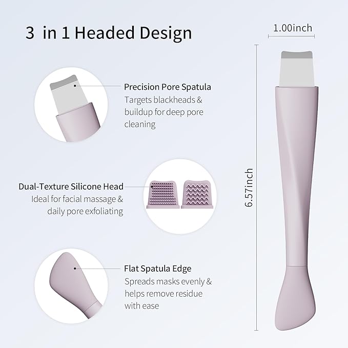 Blackhead Remover Tool, Stainless Steel Face Scraper, Skin Scrubber Face Spatula for Deep Cleansing, 3-in-1 Skin Care Tool with Blackhead Scraper, Mask Applicator & 2 Silicone Heads (Purple)