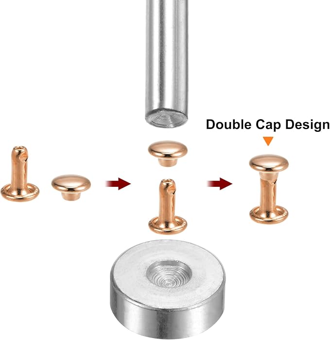 HARFINGTON 100 Sets Leather Rivets 8 x 6mm Metal Double Cap Rivet Snaps Studs Fasteners with 3pcs Setting Tools Rivets for Leather Craft DIY Repair Decoration, Light Gold Tone