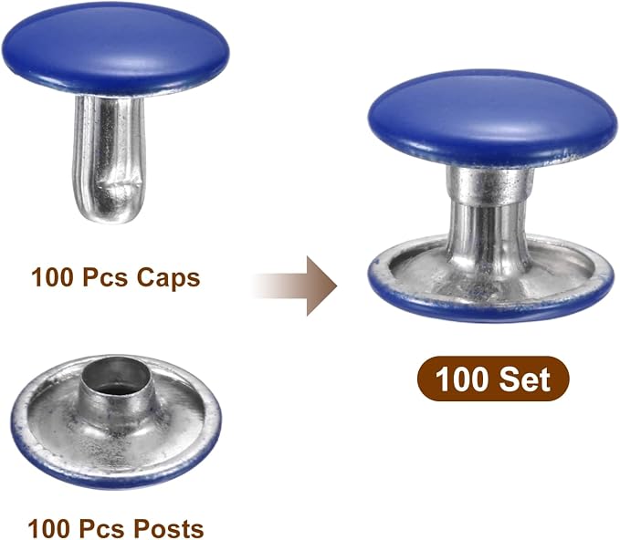 HARFINGTON 100 Sets Double Cap Leather Rivets, 10x10mm Round Cap Tubular Metal Studs Leather Crafting Rivets for Fabric Belt Pet Collar Boot Bag Repair and Decoration, Dark Blue