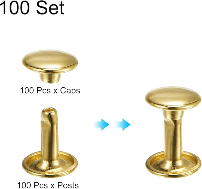 HARFINGTON 100 Sets Double Cap Leather Rivets, 9x10mm Round Cap Tubular Metal Studs Leather Crafting Rivets for Fabric Belt Pet Collar Boot Bag Repair and Decoration, Gold
