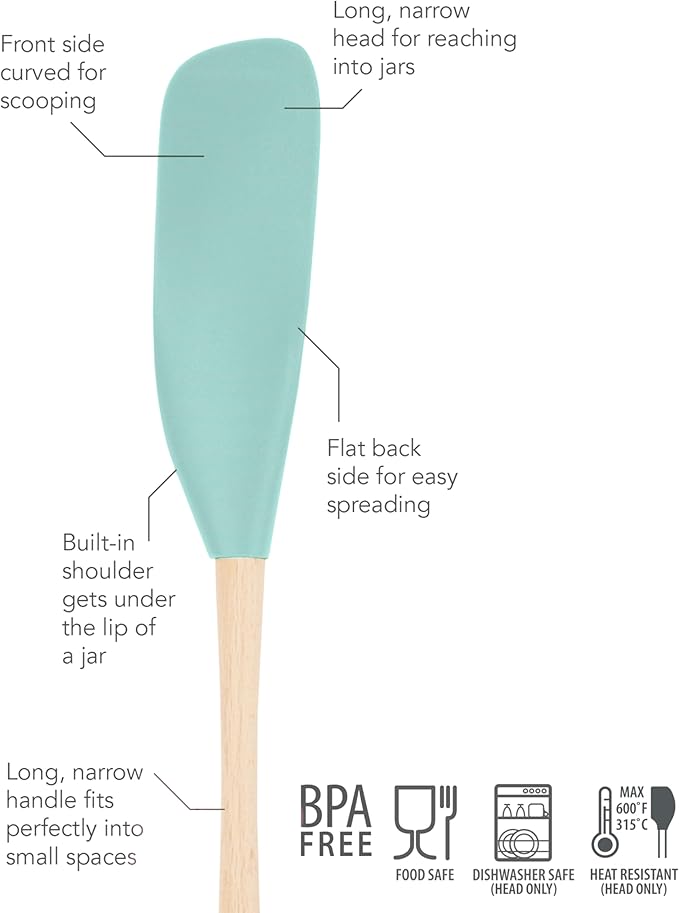 Tovolo Flex Core Jar Scraper With Wood Handle Long Silicone Spatula For Peanut Butter Jelly Jars, Heat Resistant BPA Free Long Handle Jar Spatula for Scraping Spreading Aqua Seafoam Green