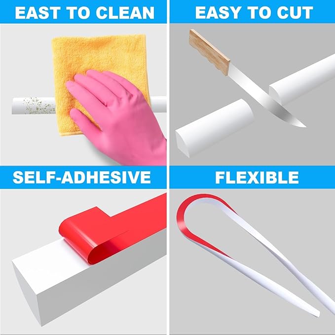 Duzzy 98 Inch Flexible Quarter Round Molding, Silicone Rubber Peel and Stick Shower Water Barrier Suitable for the Shower Corner or Kitchen Countertop Sink and Cooktop