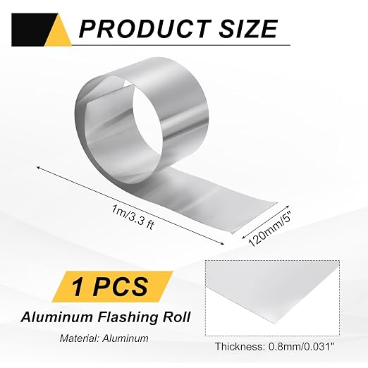 uxcell Aluminum Flashing Roll, 5in x 3.3ft Metal Roof Panels 0.8mm Waterproof Aluminum Sheet Roll for House Repair, Roof Flashing, Sealing Windows Doors, DIY Projects