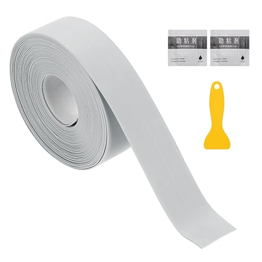 uxcell Caulk Tape Waterproof, 0.83 Inch x 4.92 ft Self-Adhesive Sealant Sealing Strip Caulking Sealant Tape PVC with Tool for Kitchen Sink Toilet Bathroom Bathtub Floor, Gray