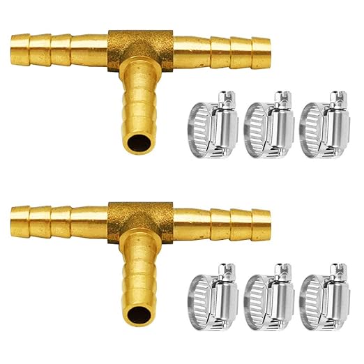 Da by 2 pcs 1/4"(6mm) Brass Tee Barb Fittings for 1/4" ID Hose,6 pcs Stainless Steel Pipe Clamps,3 Way Union Intersection for Water/Fuel/Air(T)