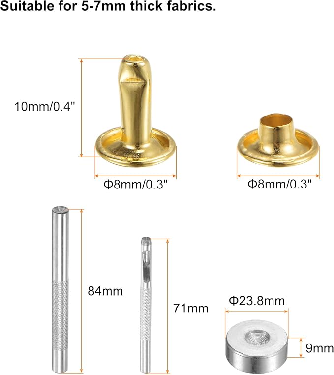 HARFINGTON 100 Sets Leather Rivets 10 x 8mm Metal Double Cap Rivet Snaps Studs Fasteners with 3pcs Setting Tools Rivets for Leather Craft DIY Repair Decoration, Gold Tone