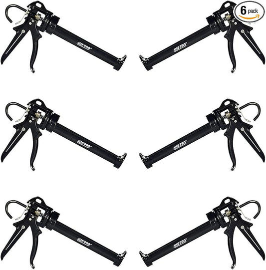 AWF PRO Heavy Duty Caulk Gun, 18:1 Thrust Ratio, Steel Frame Construction, Rotating Barrel, Ladder Hook, Puncture Tool & No Drip Pressure Release Tab, 10 oz Caulking Gun, Pack of 6