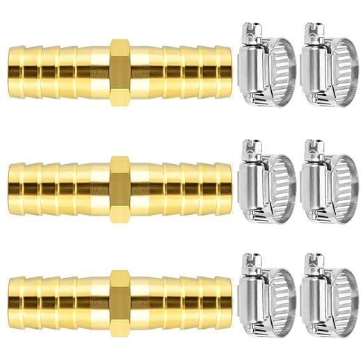 Da by 3 pcs 1/2" (12.5mm) Barb Splicer Mender Hose Brass Barb Fitting with 6 pcs Stainless Steel Pipe Clamps for Water/Fuel/Air