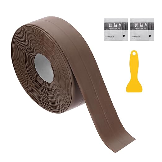 uxcell Caulk Tape Waterproof, 0.83 Inch x 16.4 ft Self-Adhesive Sealant Sealing Strip Caulking Sealant Tape PVC with Tool for Kitchen Sink Toilet Bathroom Bathtub Floor, Brown