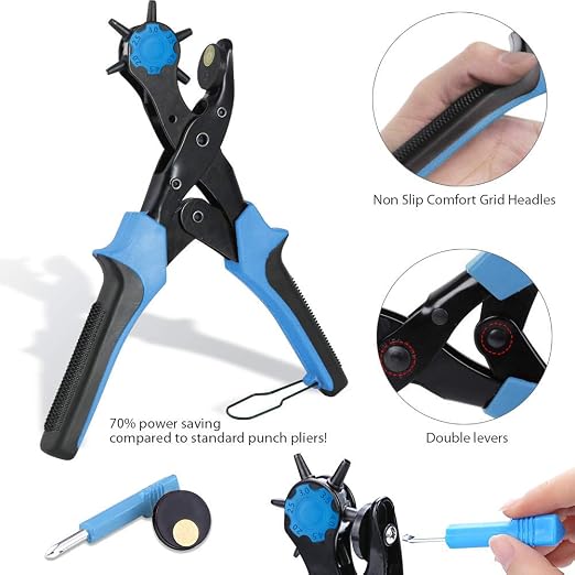 Leather Hole Punch, Belt Hole Puncher - Upgraded Version with Hole Size Dial, Premium Puncher for Belts, Watch Bands, Straps, Dog Collars, Saddles, Shoes, Fabric, DIY Home, Heavy Duty Rotary Punch Set