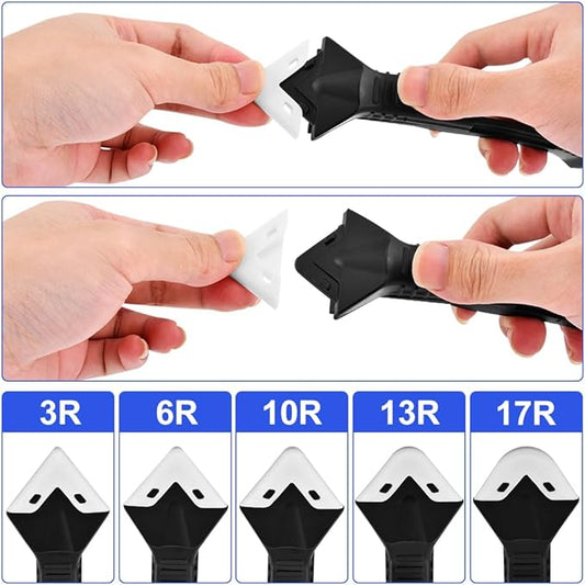 Silicone Caulking Tool, 3 in 1 Caulking Remover Glazing Compound Finishing Tool with 5 Replacement Silicone Scraper Pads, Grout Scraper Kit for Bathroom Kitchen Floor Window Sink Joint