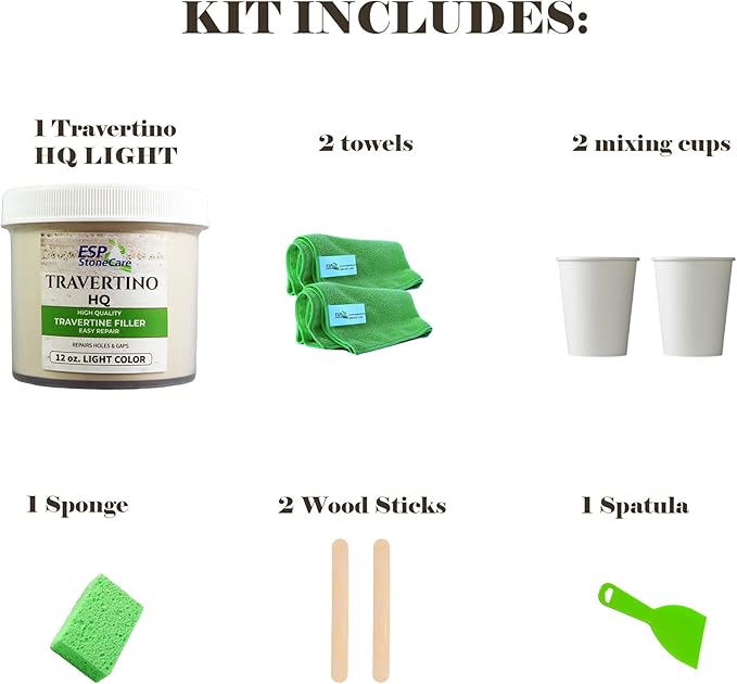 Travertino HQ Light Repair Kit Travertine Hole & Crack Filler with Tools (Light Stone Shade)