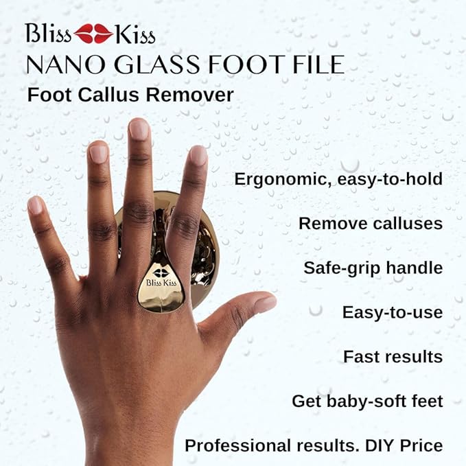 Bliss Kiss Callus Remover for Feet Nano Glass Pumice Stone for Feet, Hard Skin Foot File w/Easy Grip-No Slip Handle, Heel Scraper for Cracked Heels, Pedicure Tools for Feet, Foot Scraper