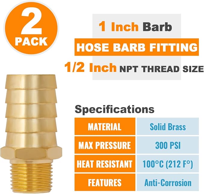 SUNGATOR Hose Barb Fittings 1-Inch Barb × 1/2 Inch NPT, Brass Air Hose Fittings, 1" to 1/2" NPT Male Air Line Repair Connector Kit, Brass Male Thread Pipe Adapter (2 Pack)