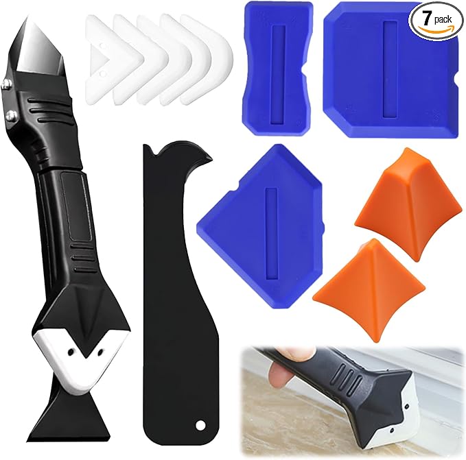 7 Piece Caulking Tool Kit, Silicone Caulking Tools Set with Caulk Finishing Tool, Caulk Smoothing Tool & Grout Tool, All - in - One for Bathroom, Kitchen, Window Sealant & Grout Projects
