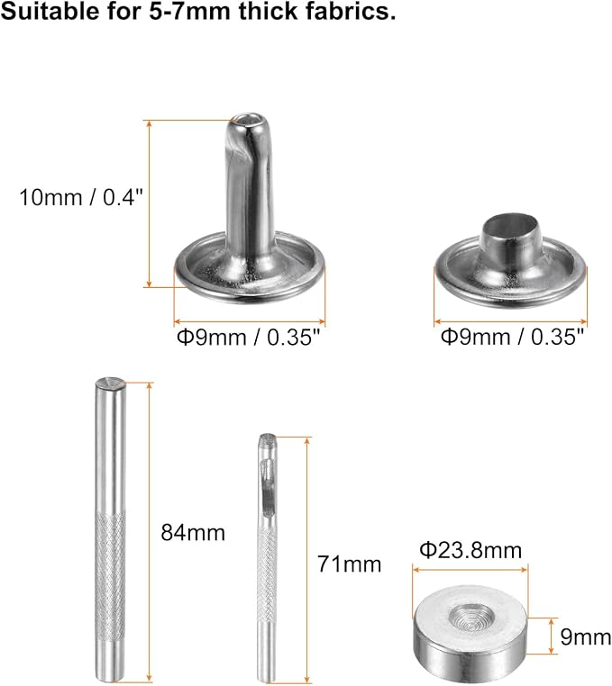 HARFINGTON 100 Sets Leather Rivets 10 x 9mm Metal Double Cap Rivet Snaps Studs Fasteners with 3pcs Setting Tools Rivets for Leather Craft DIY Repair Decoration, Silver Tone