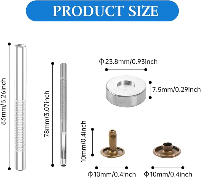 100 Sets Leather Rivets 10x10mm Double Cap Rivets Snaps Metal Studs Fasteners with 3pcs Setting Tools for Leather Craft DIY Repair Decoration, Bronze