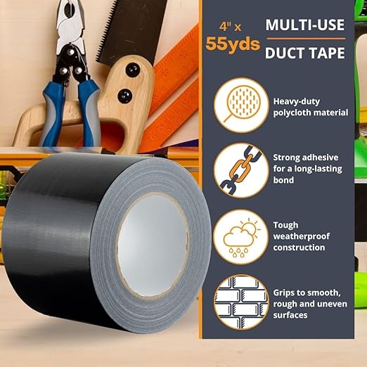 GTSE Wide Duct Tape, Black, 4 Inches x 55 Yards (164 ft), Heavy Duty, Waterproof Repair Tape for Indoor or Outdoor Use, 96 Rolls