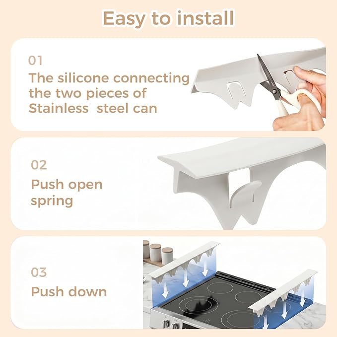 Silicone Stove Gap Covers with Stainless Steel, Oven Gap Filler Seals Gaps Between Stovetop and Counter, Stove Gap Guards Range Trim Kit, Easy to Clean Stove Gap Guard (Beige 2 Pack,25")