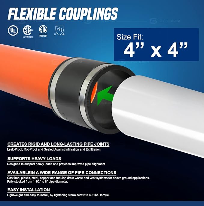 Supply Giant 6I49 Flexible PVC Coupling With Stainless Steel Clamps, 4", Black