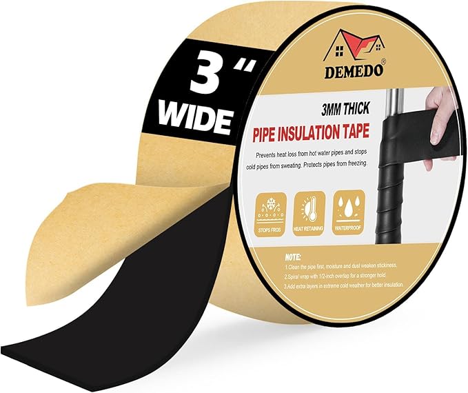 DEMEDO Pipe Insulation Tape, Pipe Wrap Insulation Foam Tape Self Adhesive, Outdoor Water Pipe Insulation Roll for HVAC, AC Line Insulation, 3 inch x 16.5 FT Heat Tape for Water Pipe, Black