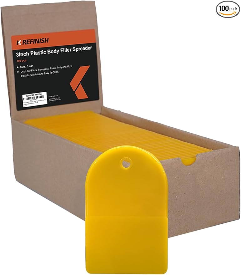KREFINISH Body Filler Spreaders (Pack of 100) - 3" Yellow Reusable Plastic Spreader for Automotive Fillers, Putties, Glazes, Caulks and Paint