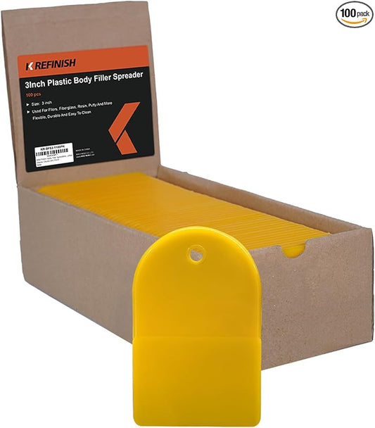 KREFINISH Body Filler Spreaders (Pack of 100) - 3" Yellow Reusable Plastic Spreader for Automotive Fillers, Putties, Glazes, Caulks and Paint
