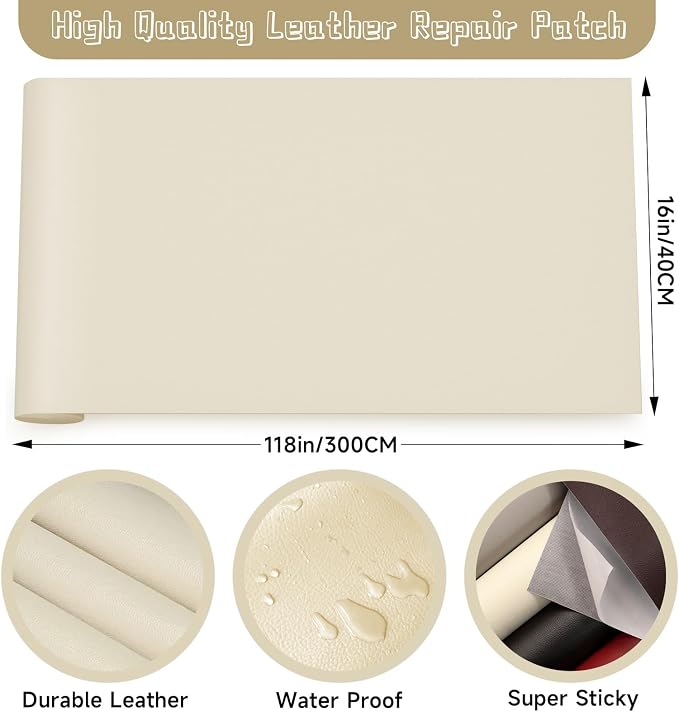 Leather Repair Patch, Self Adhesive Leather Repair, Large Leather Repair Tape for Sofa, Car Seats, Furniture, Cabinets, Chairs, Handbags （Beige, 16X118 inch