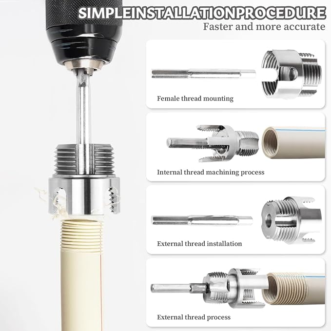 3 PCS Integrated PVC Pipe Threading Tool, Premium Carbon Steel Dual-Function Internal & External Pipe Threader for 1/2", 3/4", 1" Sizes PVC Pipes Suit for All Electric Drills (1/2"+3/4"+1")